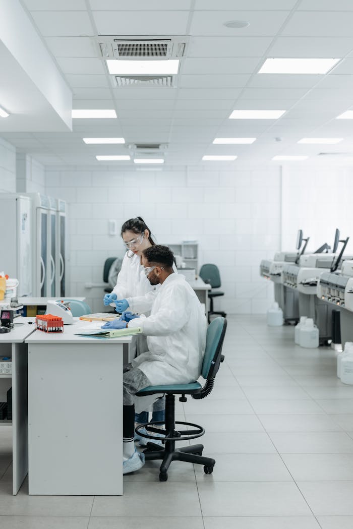 Two scientists in lab coats collaborate on experiments in a modern laboratory setting, analyzing data and samples.